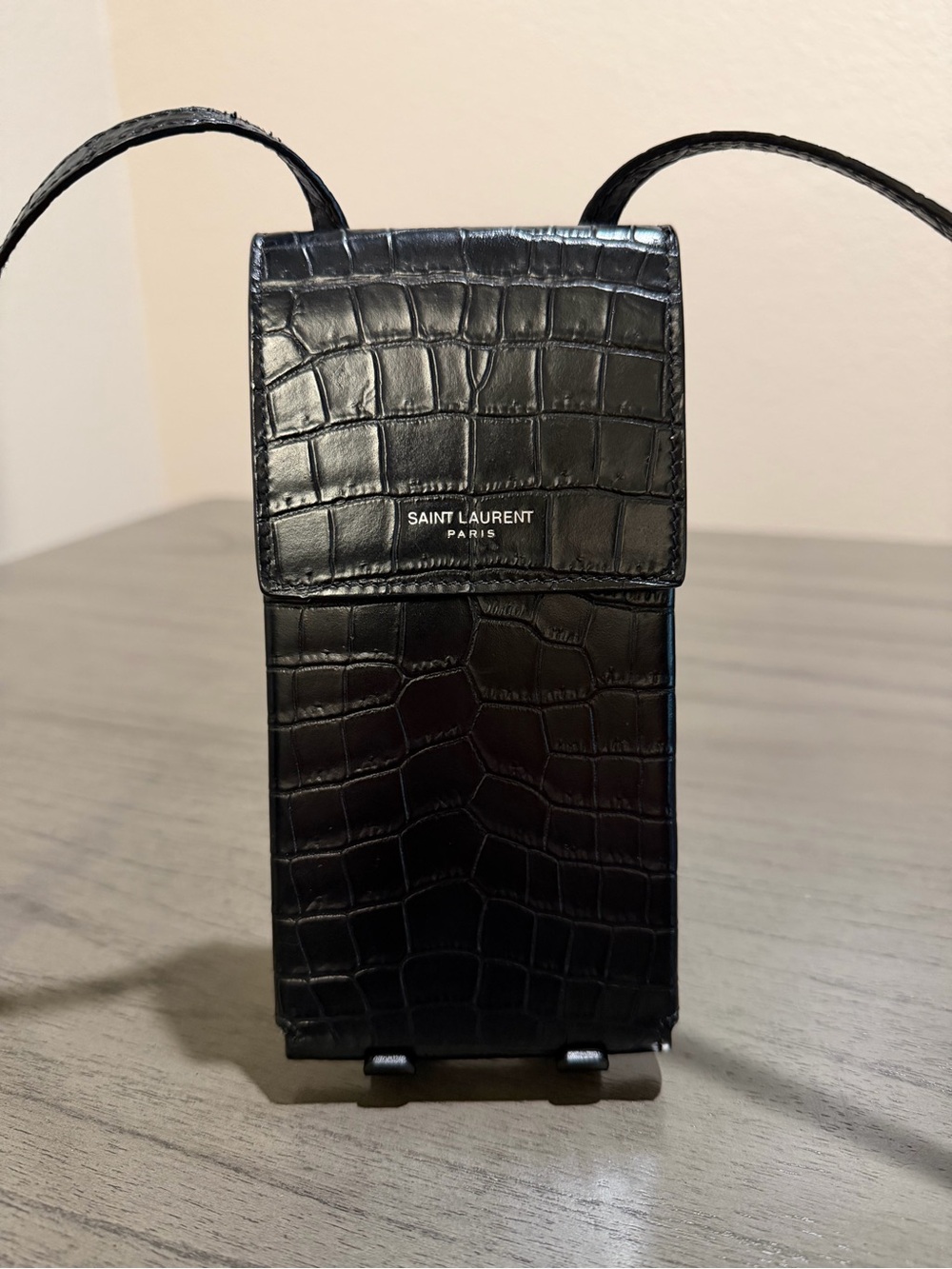 Saint Laurent Black Croc-Embossed Pouch Case